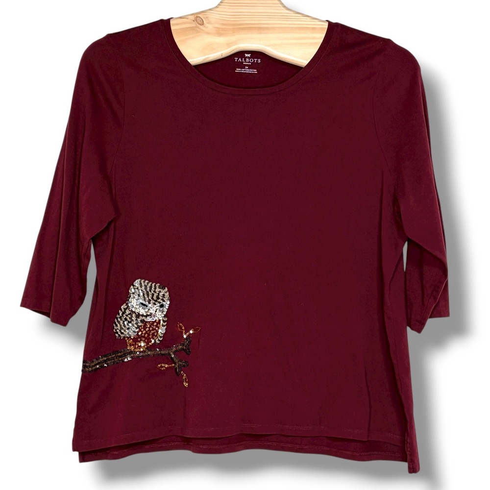 Talbots Women's‎ 3X Maroon 3/4 Sleeve Owl Sequin Embellished Cotton Top